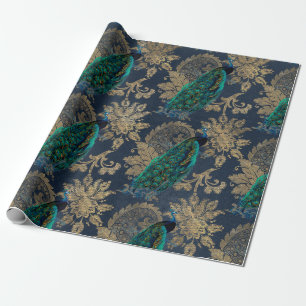 Papel De Regalo Peacocks Verde azulados sobre azul y oro