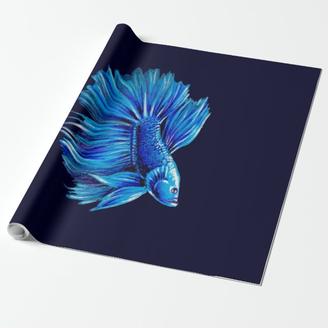 Papel De Regalo Peces Betta azul en la marina |Amante del acuario (Desenrollado)