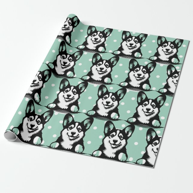 Papel De Regalo Peeking Corgi Green Tema Personalizado (Desenrollado)