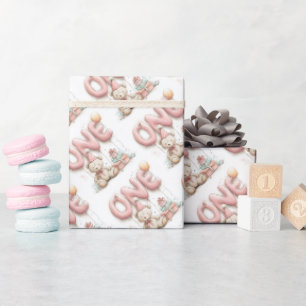 Papel De Regalo Pegatina de primer cumpleaños dulce con oso de pel