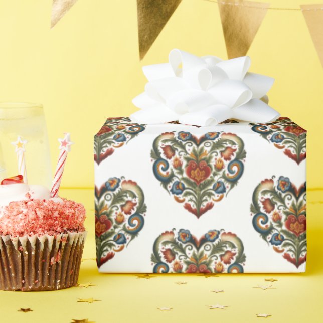 Papel De Regalo Pegatina del Corazón del Arte Popular Rosemaling d (Fiesta de cumpleaños )