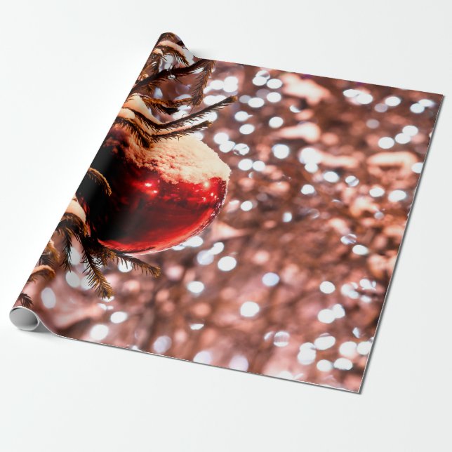 Papel De Regalo Pelota roja, luces blancas, nieve (Desenrollado)