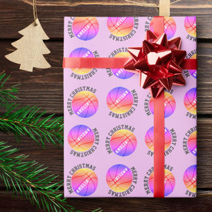Papel De Regalo Pelotas de Baloncesto Nombre de Niños Rosa Navidad
