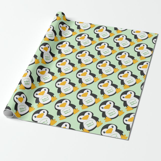 Papel De Regalo Penguin Baby Shower Green (Desenrollado)
