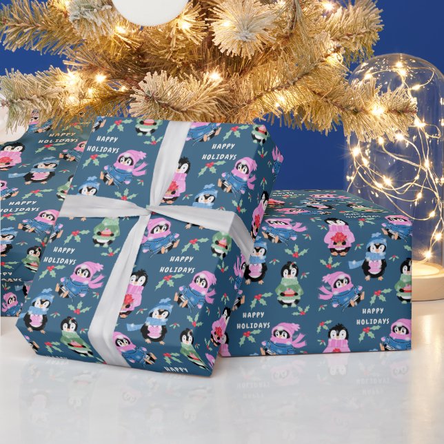 Papel De Regalo Penguin Holiday Crew Pattern Blue Wrapping Paper (Vacaciones)