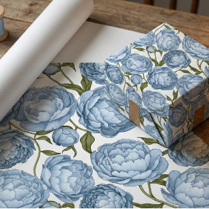 Papel De Regalo Peonía de Azul Claro Floral de Lujo