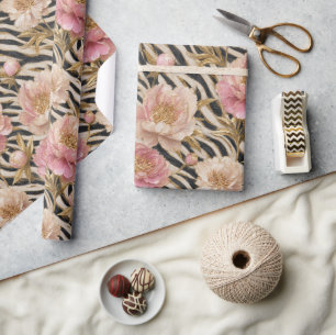 Papel De Regalo Peonía Rosa Elegante Cebra Dorada 