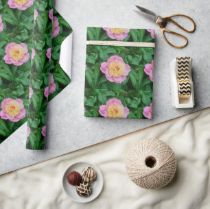Papel De Regalo Peonía Rosa Glamurosa con Hojas Verdes Artesanal