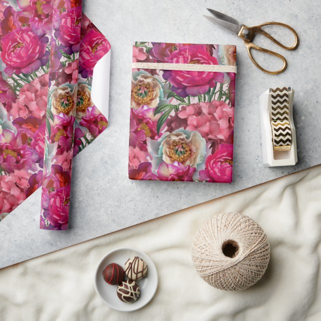Papel De Regalo Peonía rosa y blanca y flores de hidrangea (Artesanía)