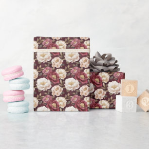 Papel De Regalo Peonías acuarela sobre burdeos