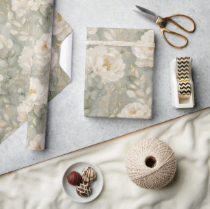 Papel De Regalo Peonías Blancas Salvia Verde Oro Elegante