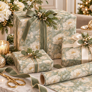 Papel De Regalo Peonías Blancas Salvia Verde Oro Elegante