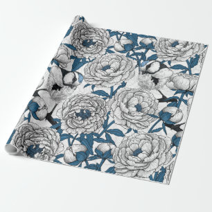 Papel De Regalo peonías blancas y aves de teta azul