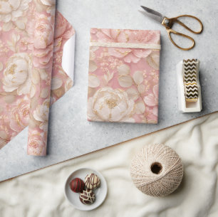 Papel De Regalo Peonías Florales de Melocotón Rosa Elegante Oro