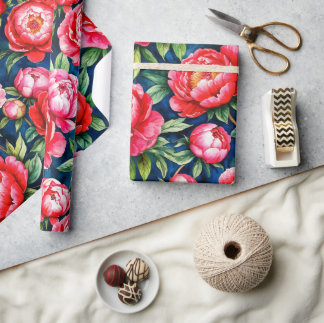 Papel De Regalo Peonías Rosadas Rojas & Hojas Verdes Patrón Azul