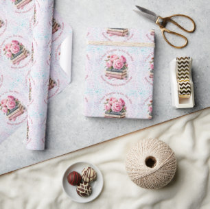 Papel De Regalo Peonías Rosadas y Libros Capitulo Nuevo Fiesta de