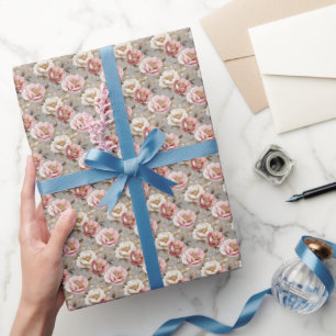 Papel De Regalo Peonías rosadas y marfil en gris