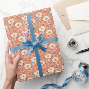 Papel De Regalo Peonías rosadas y marfil sobre naranja apagado