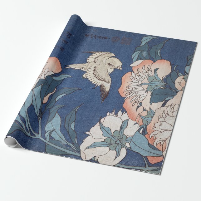 Papel De Regalo Peonies y canario de Katsushika Hokusai (Desenrollado)