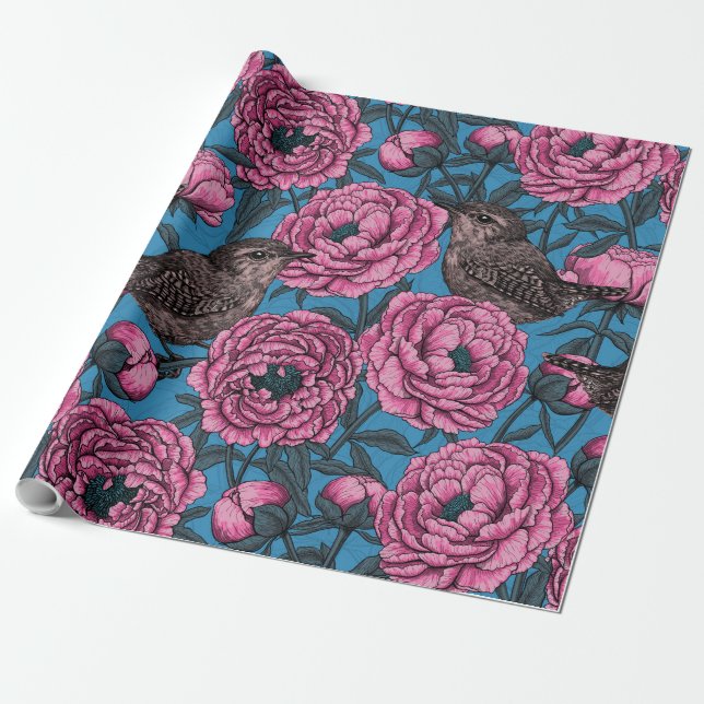 Papel De Regalo Peonies y wrens en azul (Desenrollado)