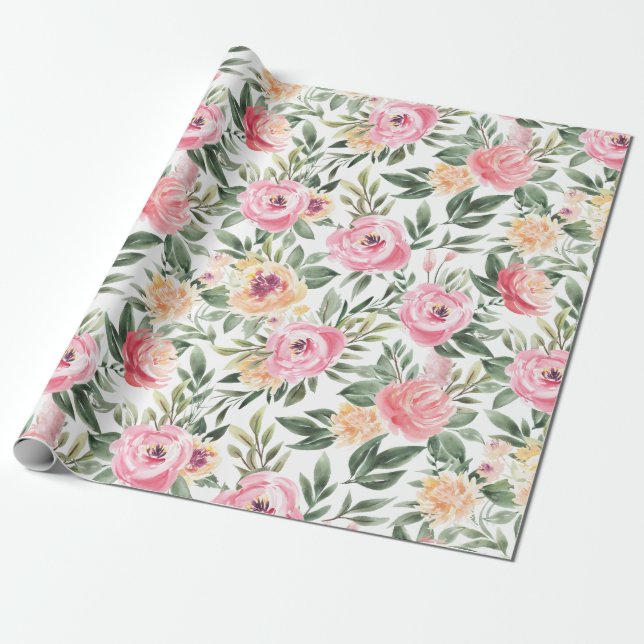 Papel De Regalo Peony de la acuarela (Desenrollado)