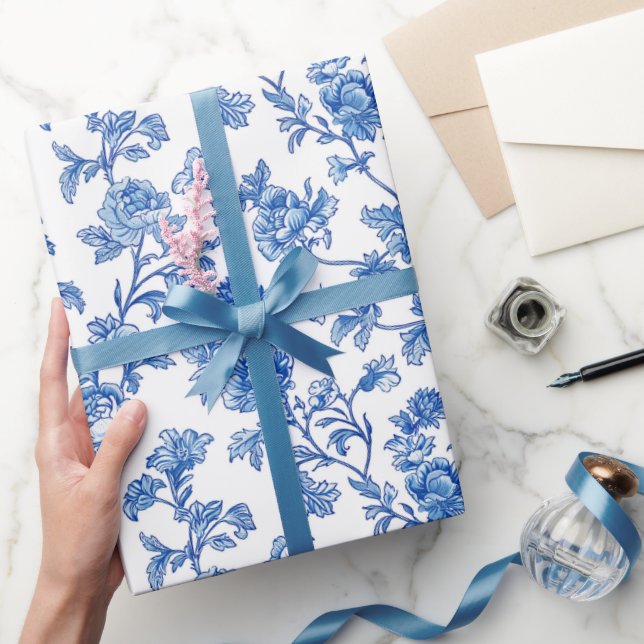 Papel De Regalo Peony Rosa de Chinoiserie azul y blanco (Regalar)