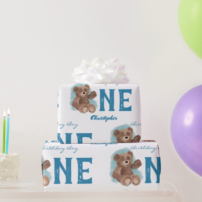 Papel De Regalo Pequeña acuarela Oso lindo animal primer cumpleaño (Regalos de fiesta)