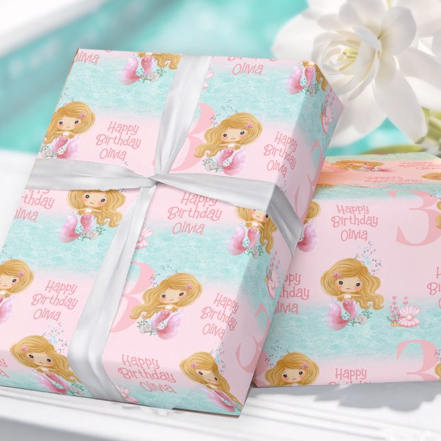 Papel De Regalo Pequeña Chica rosa de pelo rubio de sirena (Little Mermaid Blond Hair Pink Girl Wrapping Paper)