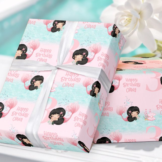 Papel De Regalo Pequeña sirena Chica rosa de pelo oscuro (Little Mermaid Dark Hair Pink Girl Wrapping Paper)