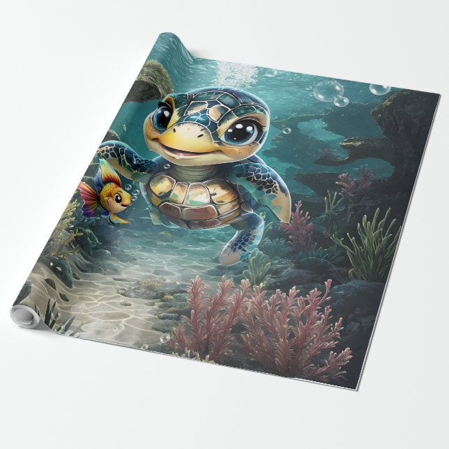 Papel De Regalo Pequeña tortuga marina explorando con su amiga. (Desenrollado)