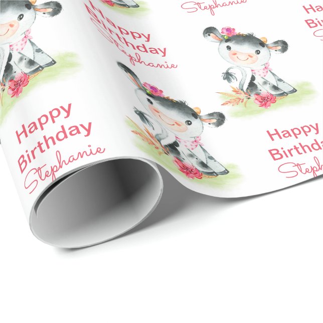 Papel De Regalo Pequeña vaca vaca acuarela rosa (Esquina del rollo)