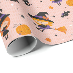 Papel De Regalo Pequeñas brujas de Halloween, gatos y murciélagos