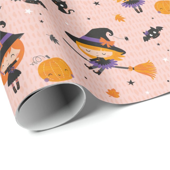 Papel De Regalo Pequeñas brujas de Halloween, gatos y murciélagos (Esquina del rollo)