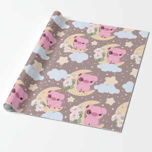 Papel De Regalo Pequeño Cerdo Y Patrón De La Luna