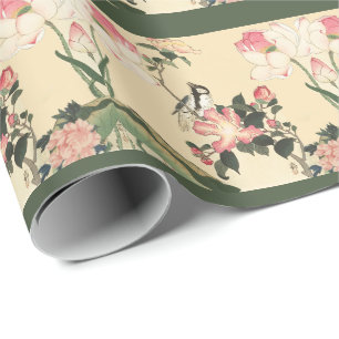 PAPEL DE REGALO PEQUEÑO PÁJARO CON ROSAS ROSADAS Y FLORES DE LOTUS