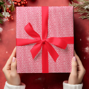 Papel De Regalo Pequeño patrón de llave griega roja y blanca