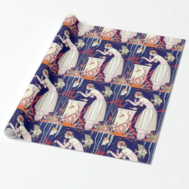 PAPEL DE REGALO PEQUEÑO PESCADO, MODA DE BELLEZA ART DECO (Desenrollado)