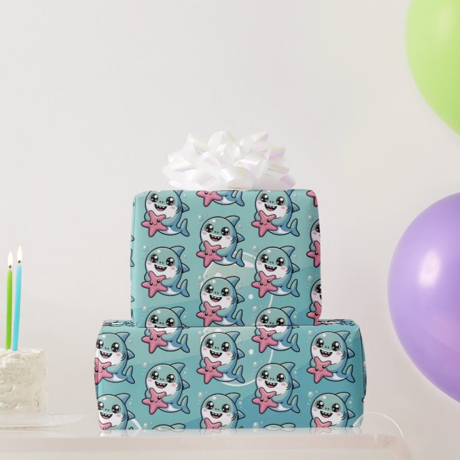 Papel De Regalo Pequeño tiburón y pez estrella de Kawaii (Regalos de fiesta)