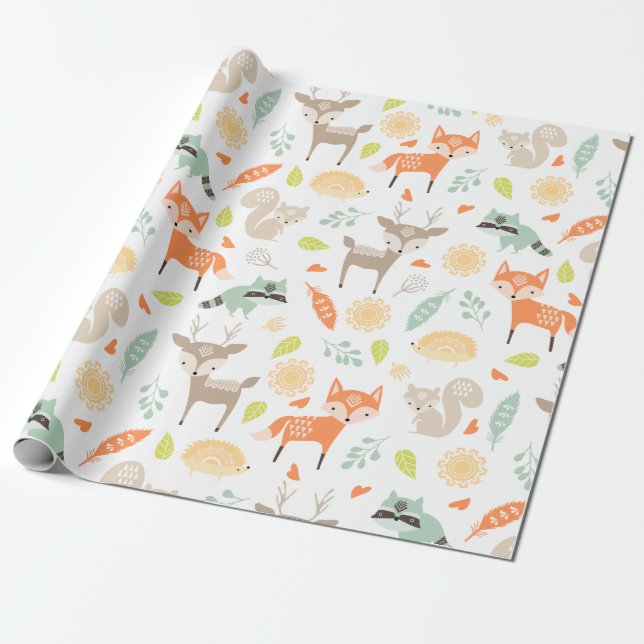 Papel De Regalo Pequeños animales de Woodland con fondo blanco (Desenrollado)