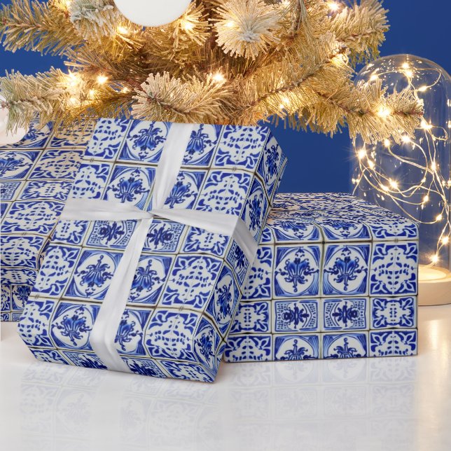 Papel De Regalo Pequeños azulejos holandeses con patrones azules y (Vacaciones)