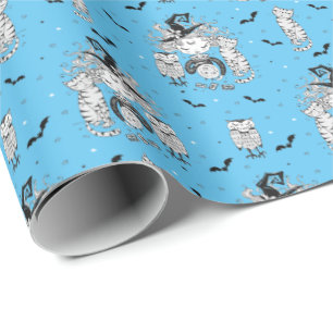 Papel De Regalo Pequeños Chicas de brujas con gatos y búhos