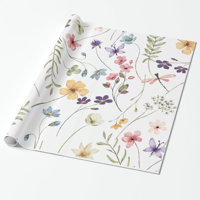 Papel De Regalo Pequeños Flores Silvestres Brillantes Acuarela Cum (Desenrollado)