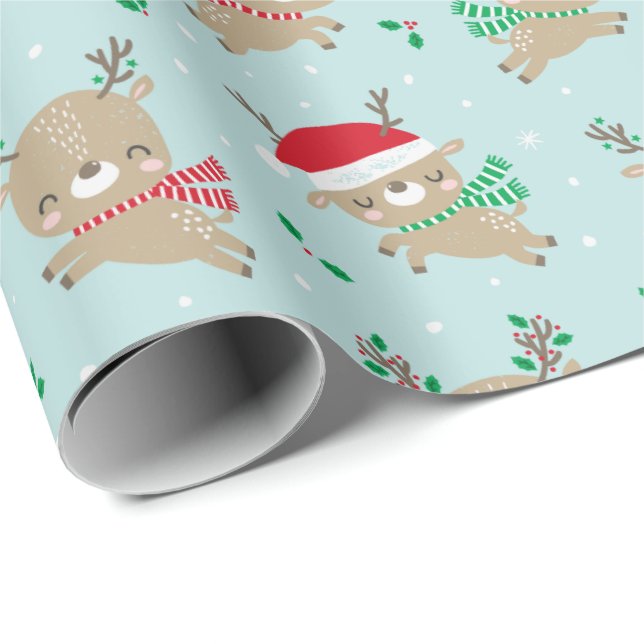 Papel De Regalo Pequeños Navidades renos cortos en azul (Esquina del rollo)