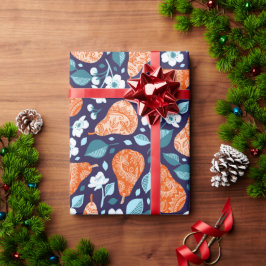 Papel De Regalo Peras y flores en Naranja y azul