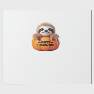 Papel De Regalo Perezoso lindo sentado en una Calabaza. Texto Feli