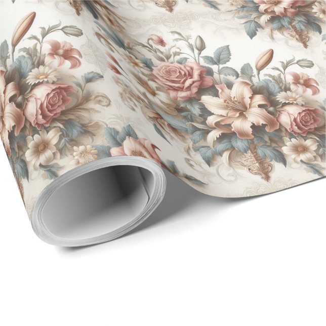 Papel De Regalo Perfección floral anticuada ligera (Esquina del rollo)
