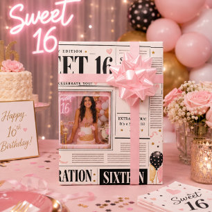 Papel De Regalo Periódico Negro Rosa Cumpleaños Dulces 16 4 Fotos 