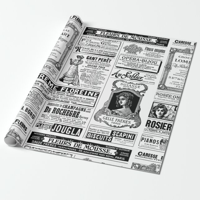 Papel De Regalo periódico victoriano antiguo francés blanco negro (Desenrollado)