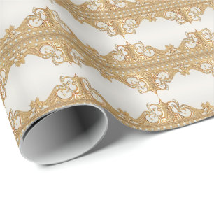 Papel de regalo perlas blancas ornamentadas en oro