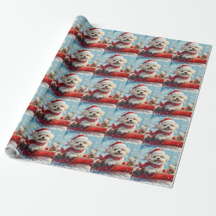 Papel De Regalo Perrito Malti Tzu en Trineo Deja que Nieve Navidad